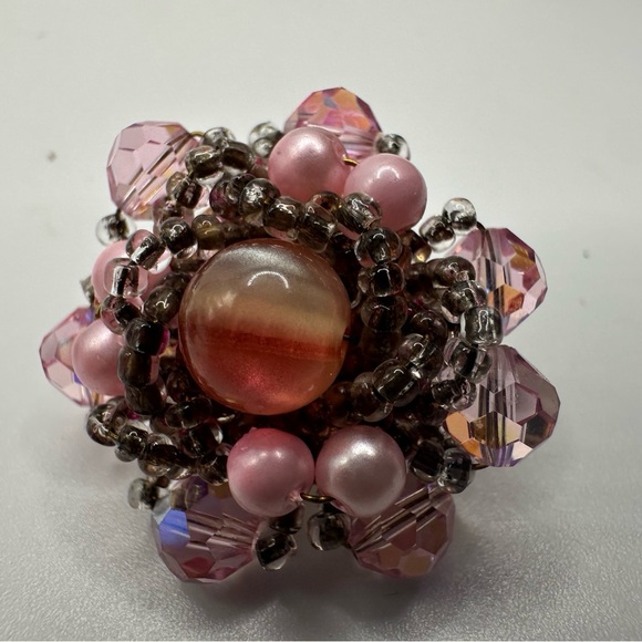 VTG Vendome Pink Beaded Cluster Clip Earrings Pat 280950 AB  Gold Tone 1950s - Picture 4 of 15